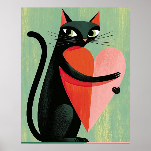Midcentury Schwarze Katzenherz Salbeigrün Poster (Vorne)