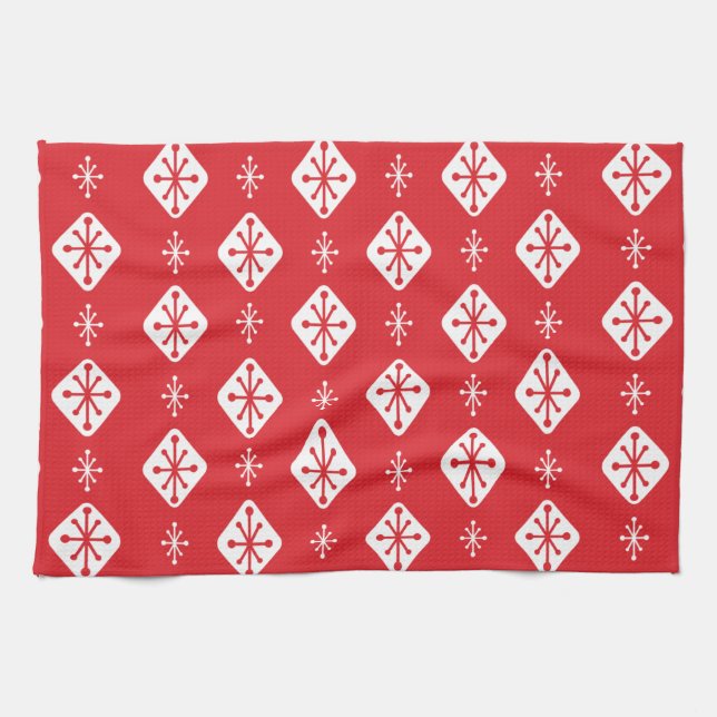 Midcentury Starbursts Diamonds Red Geschirrtuch (Horizontal)
