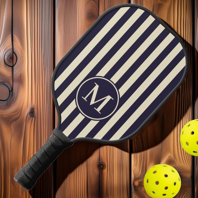 MidCentury Striping Modern Midnight Ocean Monogram Pickleball Schläger (Von Creator hochgeladen)