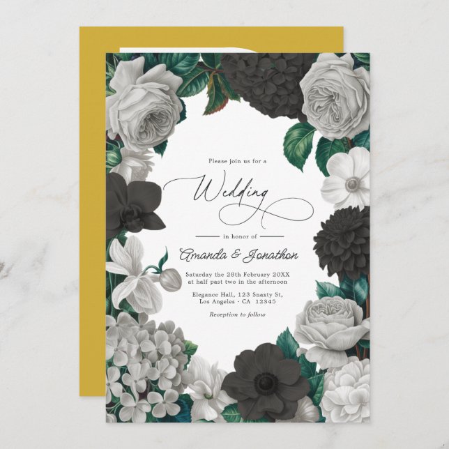 Midnight Black, Oyster Gray & Soft Linen Wedding Einladung (Vorne/Hinten)