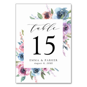 Midnight Blooms Lila und blaue Blumenhochzeit Tischnummer