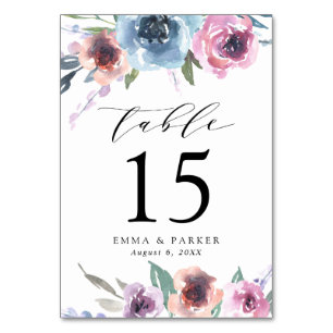 Midnight Blooms Lila und blaue florale Hochzeit Tischnummer