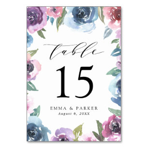 Midnight Blooms Lila und blaue florale Hochzeit Tischnummer