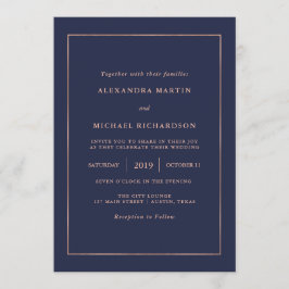 Midnight Blue and Imitats Rose Gold Border Wedding Einladung