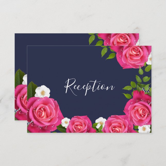 Midnight Blue and Pink Rose Wedding - Empfang Einladung (Vorne/Hinten)
