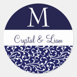 MIDNIGHT BLUE and WHITE Damask Wedgramm Runder Aufkleber