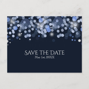 Midnight Blue Bokeh Lights Wedding Save the Date Ankündigungspostkarte