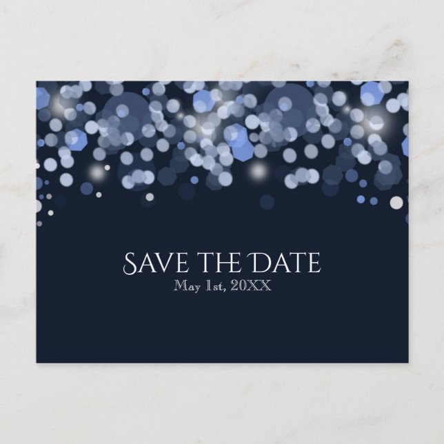 Midnight Blue Bokeh Lights Wedding Save the Date Ankündigungspostkarte (Vorderseite)