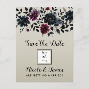 Midnight Blue Burgundy Inky Floral Almond Wedding Ankündigungspostkarte