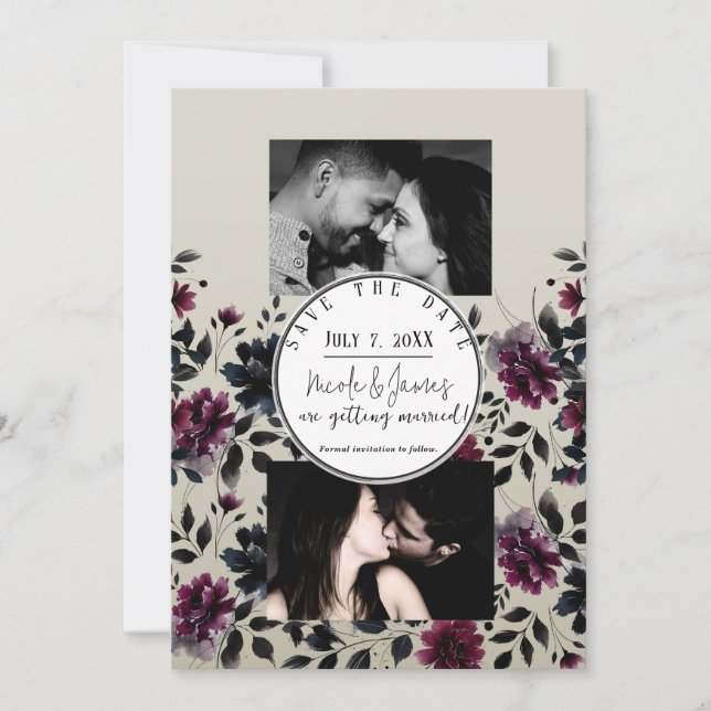 Midnight Blue Burgundy Inky Floral Almond Wedding Einladung (Vorderseite)