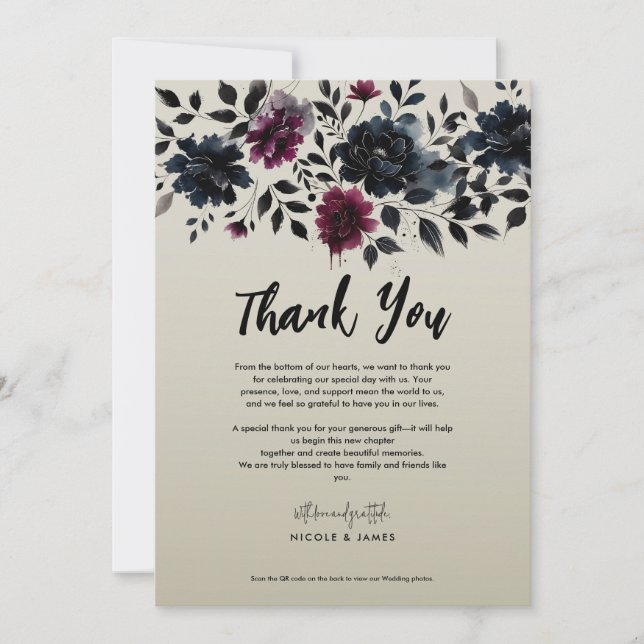 Midnight Blue Burgundy Inky Floral Almond Wedding Einladung (Vorderseite)