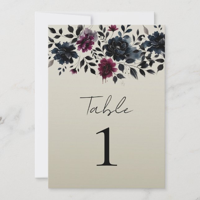 Midnight Blue Burgundy Inky Floral Almond Wedding Einladung (Vorderseite)