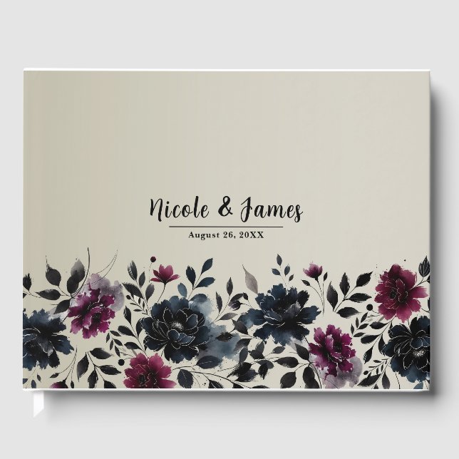 Midnight Blue Burgundy Inky Floral Almond Wedding Gästebuch (Vorderseite)
