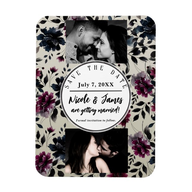 Midnight Blue Burgundy Inky Floral Almond Wedding Magnet (Vertikal)