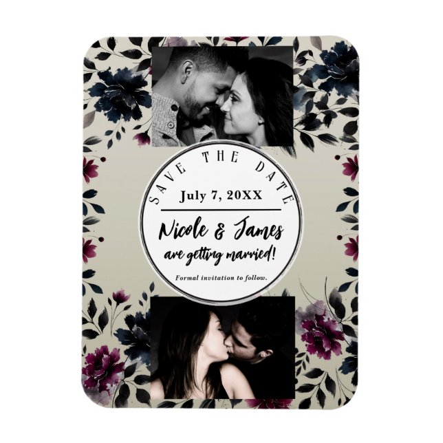 Midnight Blue Burgundy Inky Floral Almond Wedding Magnet (Vertikal)