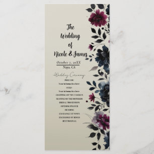 Midnight Blue Burgundy Inky Floral Almond Wedding Programm