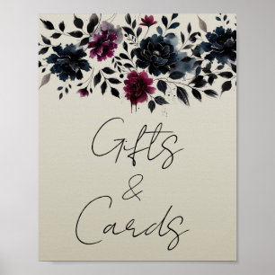 Midnight Blue Burgundy Inky Floral Guestbook Sign Poster