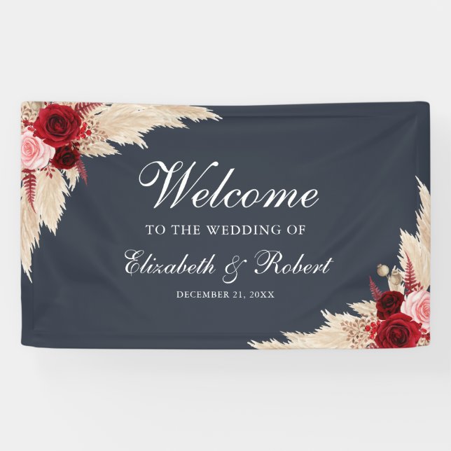 Midnight Blue Burgundy Rose Begrüßung Hochzeit Banner (Horizontal)