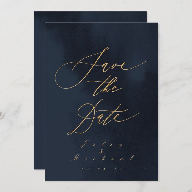 Midnight Blue Calligrafy Wedding Save the Date Einladung (Vorne/Hinten)