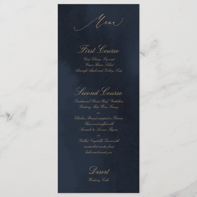 Midnight Blue Calligraphy Wedding Menu Card Menükarte (Vorderseite)
