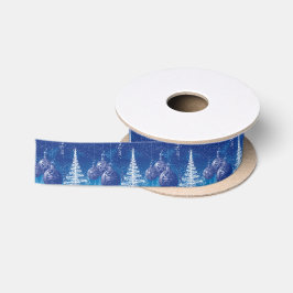 Midnight Blue Christmas Ornaments & White Trees Satinband
