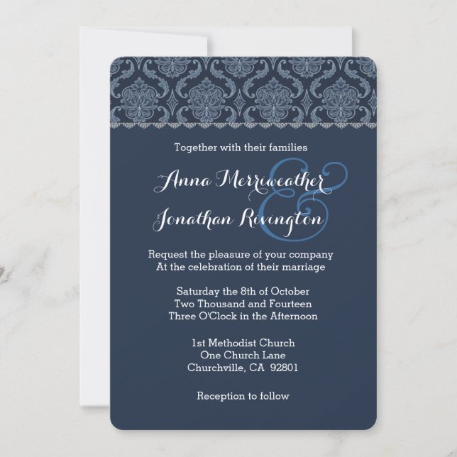 Midnight Blue Damask Wedding V02 Einladung (Vorderseite)