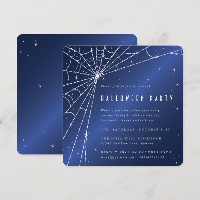 Midnight Blue Diamond Spider Web Halloween-Party Einladung (Vorne/Hinten)