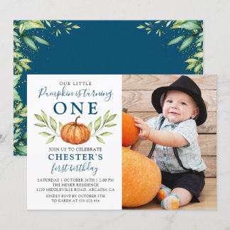 Midnight Blue Fall Pumpkin First Birthday Foto Einladung
