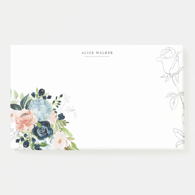 Midnight Blue Floral Blush Stationery Note Card Post-it Klebezettel (Vorderseite)