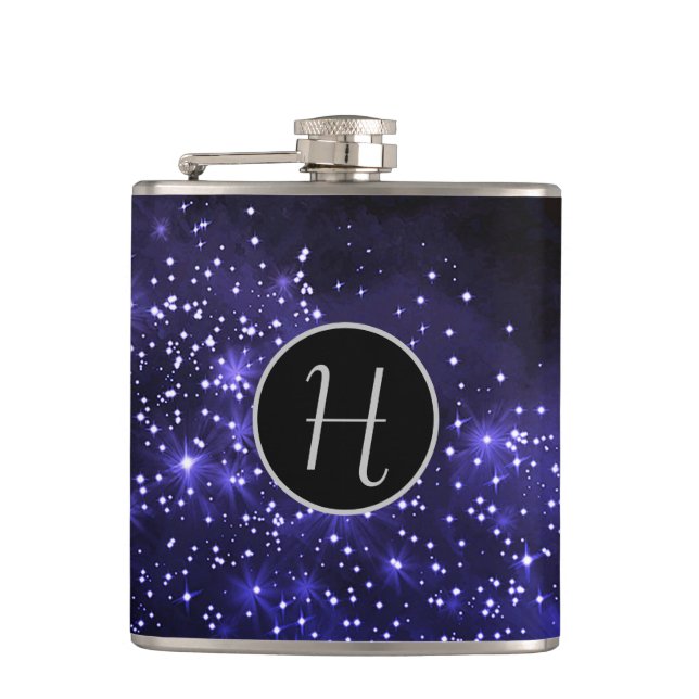 Midnight Blue Galaxy Mit Monogramm Flachmann (Vorderseite)