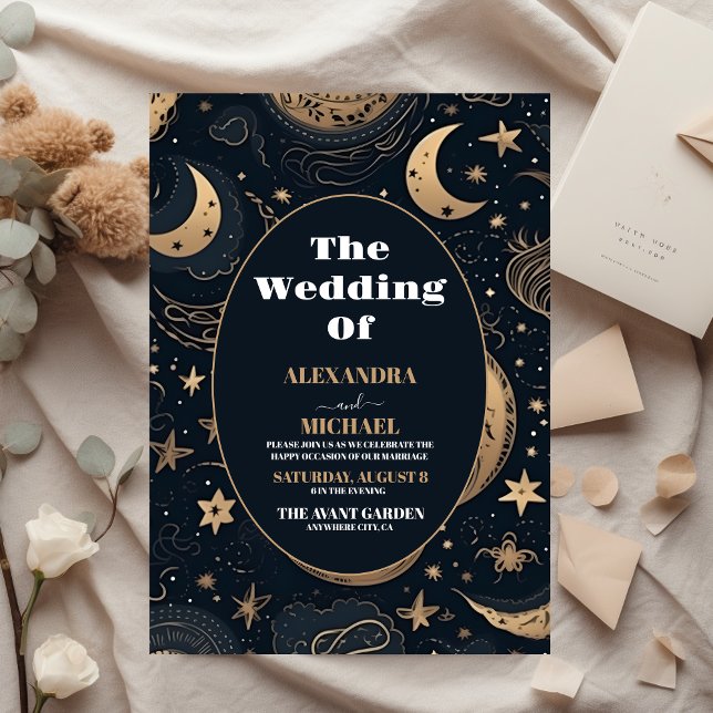 Midnight Blue Gold Celestial Wedding Einladung (Von Creator hochgeladen)