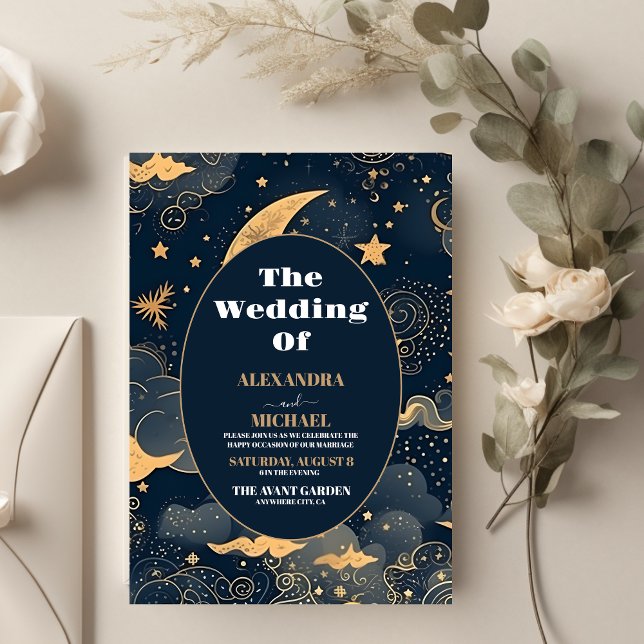 Midnight Blue Gold Celestial Wedding Einladung (Von Creator hochgeladen)