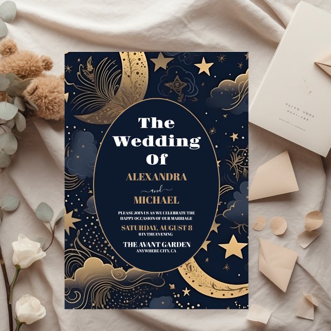 Midnight Blue Gold Celestial Wedding Einladung (Von Creator hochgeladen)