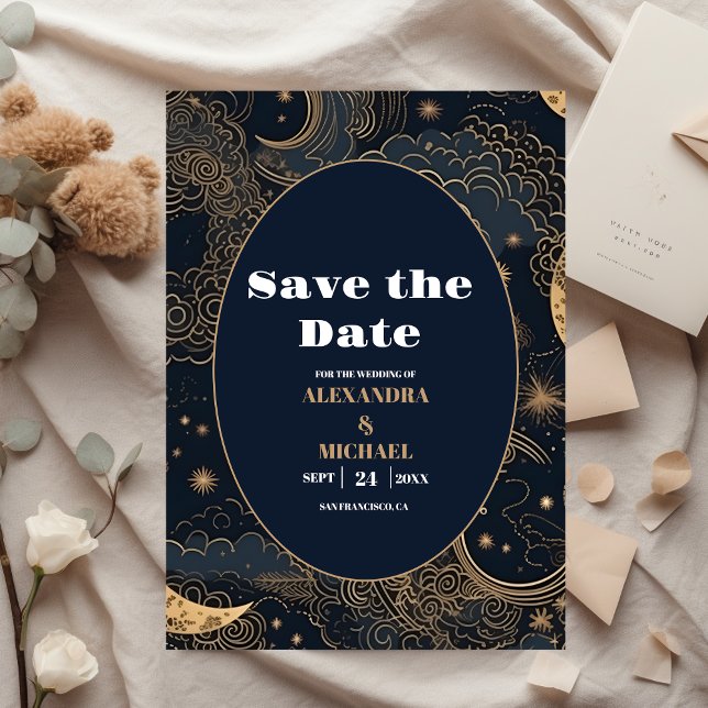 Midnight Blue Gold Celestial Wedding Save The Date (Von Creator hochgeladen)
