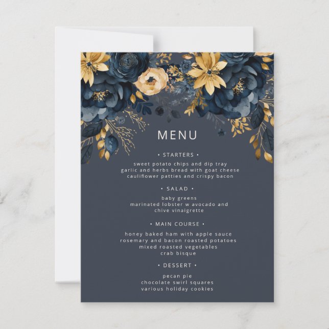 Midnight Blue Gold Luxe Floral Wedding Menu Card Einladung (Vorderseite)