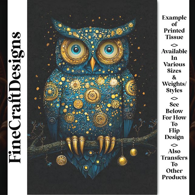 Midnight Blue & Gold Steampunk Owl BY6 Decoupage Seidenpapier (Von Creator hochgeladen)
