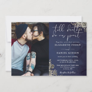 Midnight Blue Gothic Roses Floral Foto Hochzeit Einladung