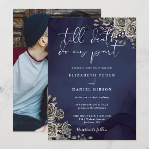 Midnight Blue Gothic Roses Florale Foto Hochzeit Einladung