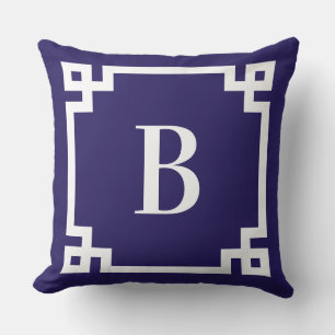 Midnight Blue Greece Key Border Monogram Kissen