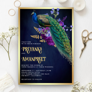 Midnight Blue Lila Floral Indian Peacock Wedding Einladung