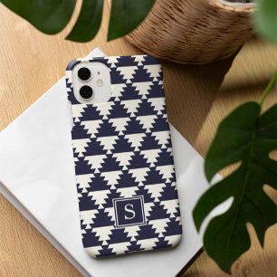 Midnight Blue Modern Aztec Geometric Monogram iPhone 16 Hülle