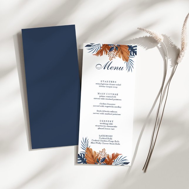 Midnight Blue Monstera Menu Card Menükarte (Midnight Blue Monstera Menu Card on a sunny white table with a dry wildflower.)