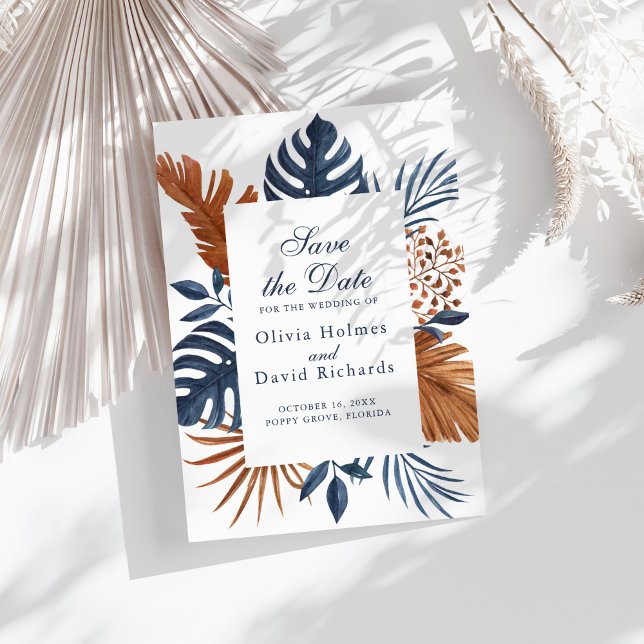 Midnight Blue Monstera Save the Date Card (Midnight Blue Monstera Save the Date Card on a sunny white table with neutral dry flowers)