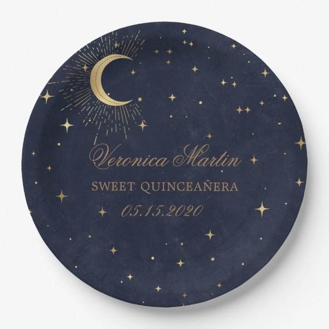 Midnight Blue Moon Stars Quinceanera Pappteller (Vorderseite)