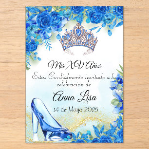 Midnight-Blue-Pantolette und Kronen-Quinceañera-Ei Acryleinladungen