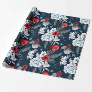 Midnight Blue Red Silver Grau Foliage Holiday Geschenkpapier
