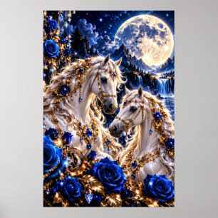 Midnight Blue Rose Horses Poster