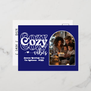 Midnight Blue & Silver Cosy Vibes Retro Christmas Folien Feiertagspostkarte