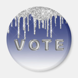 Midnight Blue Silver Glitter Drip Grafik Vote Magnet