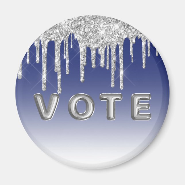 Midnight Blue Silver Glitter Drip Grafik Vote Magnet (Vorne)
